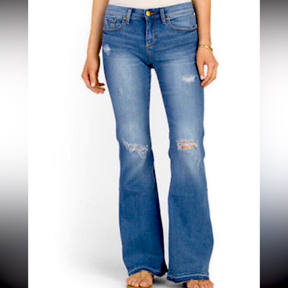 Greywire Distressed Flare Mid Rise Jeans - Ripped - Medium Blue Wash - Womens 31